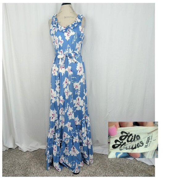 Vintage Hilo Hattie Dress Large Hawaiian Blue Floral - Picture 1 of 13